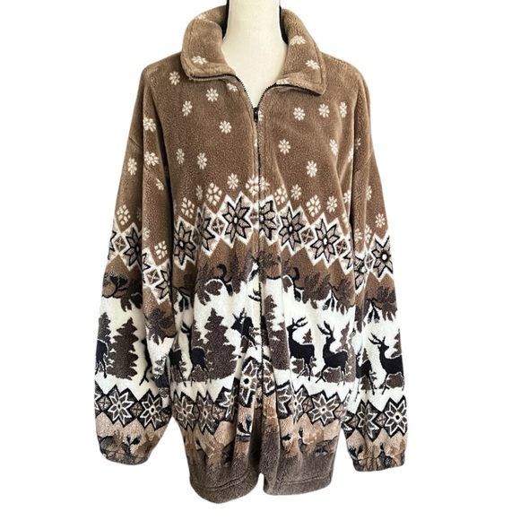 Jackets & Blazers - VTG. Mazmania Sherpa Fleece Zipper front Winter Deer/Trees Scene Jacket. Sz. XL